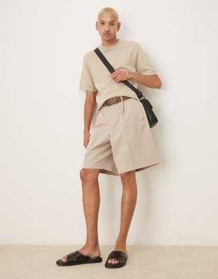 ASOS DESIGN smart wide leg shorts with front pleat in stone