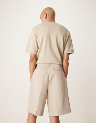 ASOS DESIGN smart wide leg shorts with front pleat in stone
