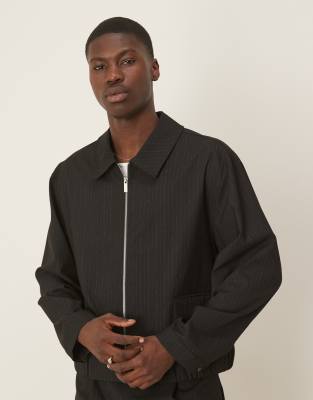[ASOS DESIGN] ASOS DESIGN smart blouson jacket in black pinstripe (part of a set)-Grey M BLACK