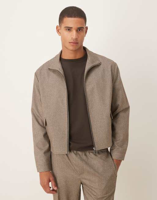 ASOS DESIGN smart blouson jacket with funnel neck zip in brown microcheck (part of a set)