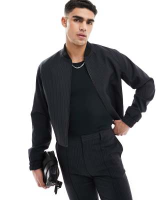 ASOS DESIGN smart bomber jacket in black pinstripe - part of a set