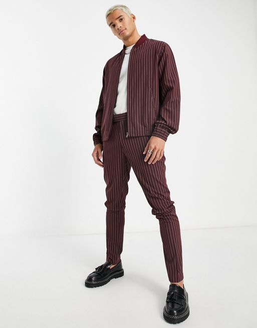 ASOS DESIGN regular suit jacket in burgundy pinstripe