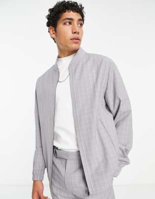 ASOS DESIGN smart bomber jacket in gray grid check - part of a set
