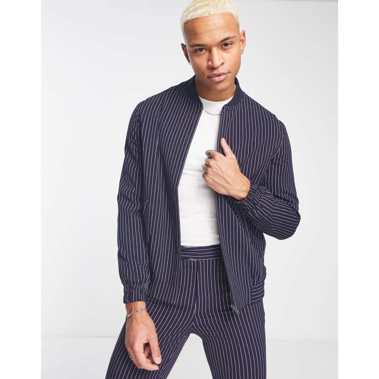 ASOS DESIGN smart bomber jacket in navy pinstripe - part of a set