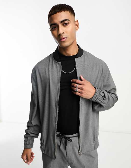 ASOS DESIGN smart bomber jacket in pin dot texture in black - part of a set