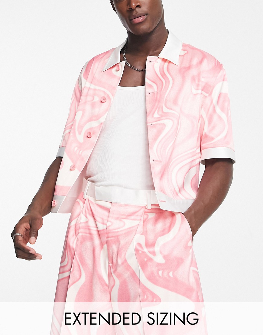 ASOS DESIGN smart button down short sleeve satin jacket in pink swirl print - part of a set-Multi