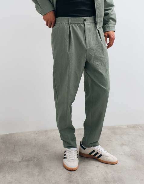 ASOS DESIGN smart carrot fit pants in olive green seersucker (part of a set) - view 1