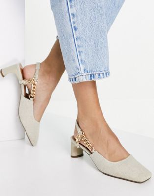 ASOS DESIGN Smart chain detail mid heeled shoes in natural