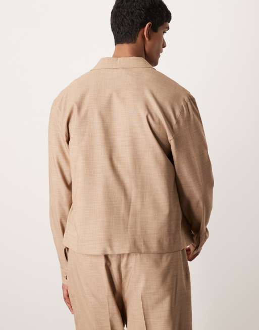ASOS DESIGN smart co-ord button up harrington jacket in camel texture, 3 of 4