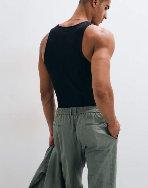 ASOS DESIGN smart co-ord carrot fit trousers in olive green seersucker, 3 of 5