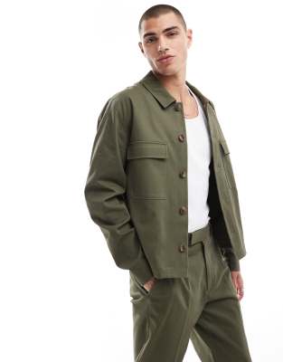 ASOS DESIGN smart co-ord collar shirt jacket in light khaki-Green