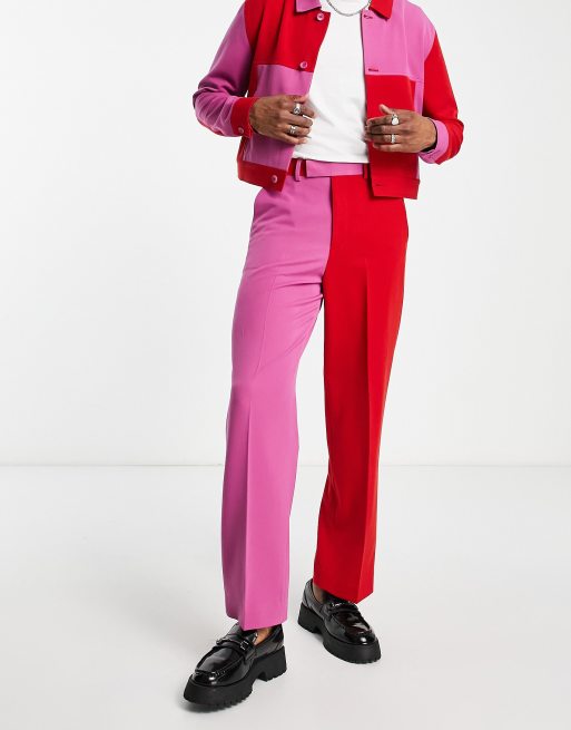 ASOS DESIGN smart co-ord colour extreme wide trousers in pink and red  colour block