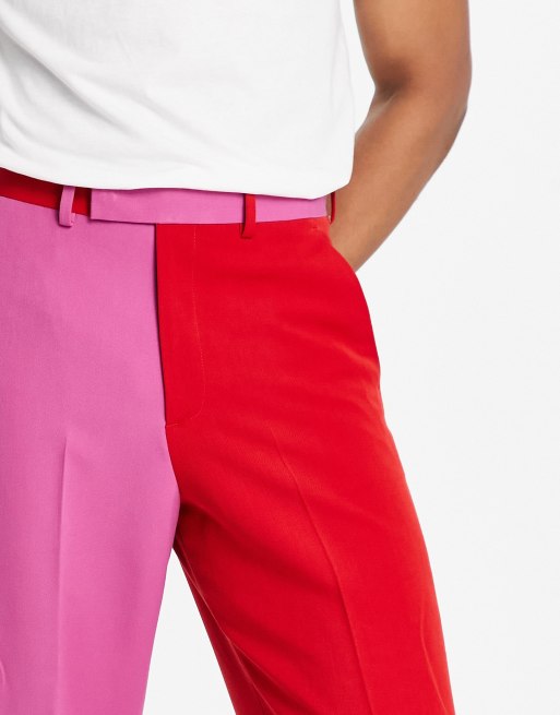 ASOS DESIGN smart co-ord colour extreme wide trousers in pink and red  colour block