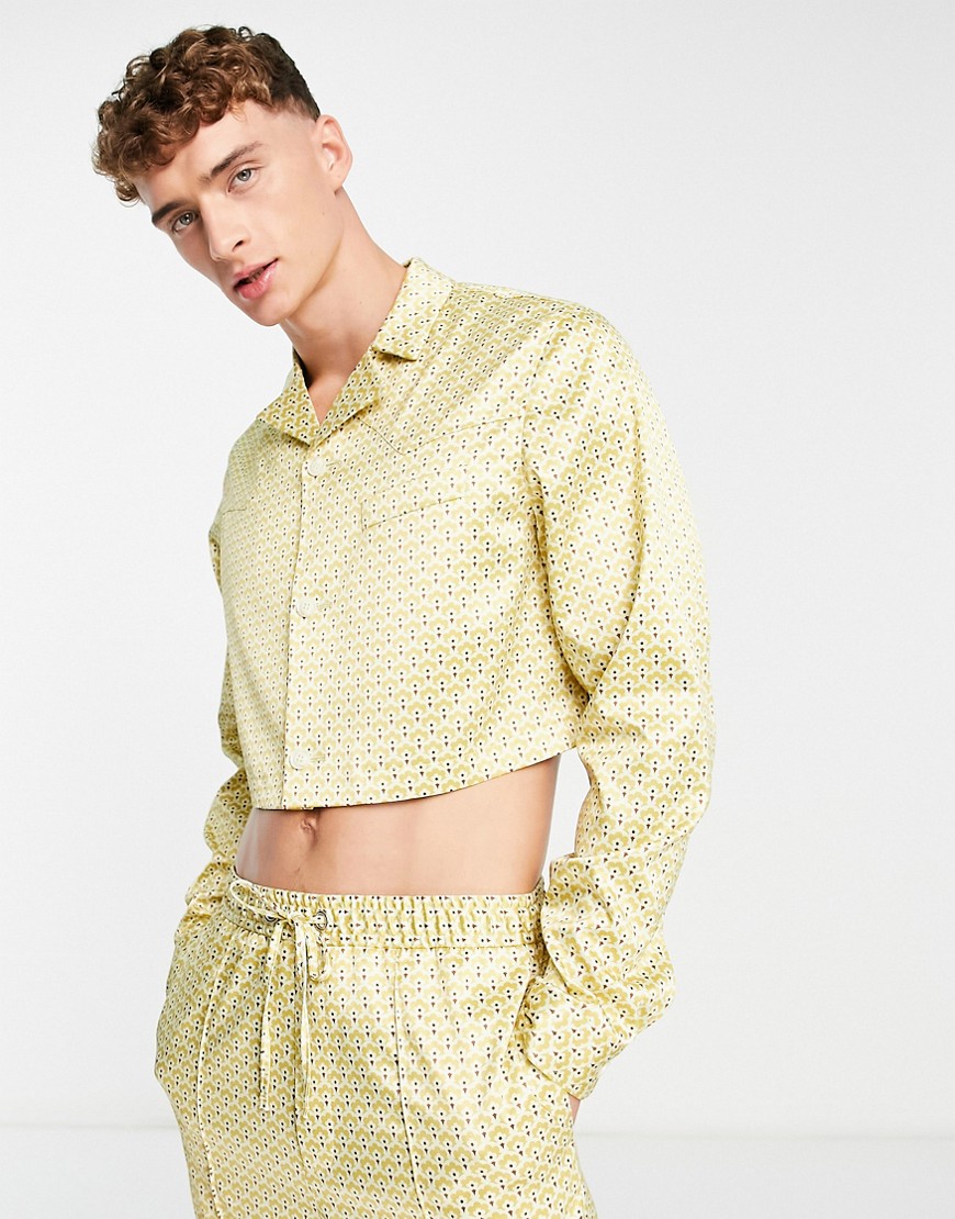 ASOS DESIGN smart co-ord cropped trucker jacket in geo print-Yellow