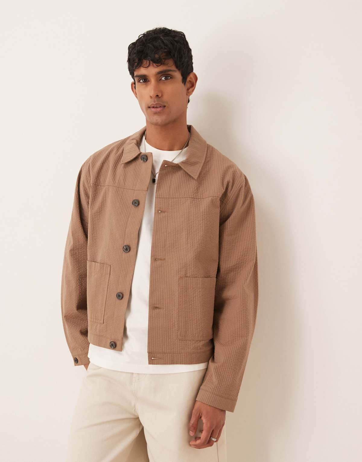 ASOS DESIGN smart co-ord harrington jacket in brown seersucker