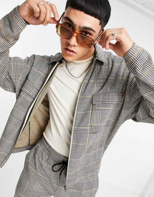 ASOS DESIGN smart co-ord jersey coach jacket in all-over grey check