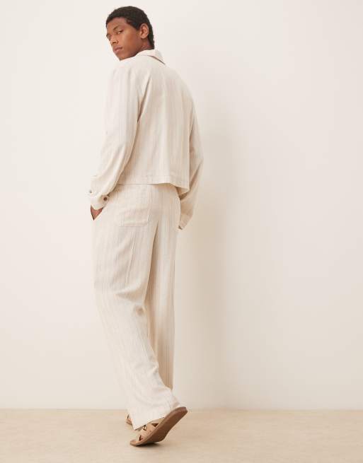 ASOS DESIGN smart co-ord linen mix straight leg trousers in stone pinstripe, 4 of 5