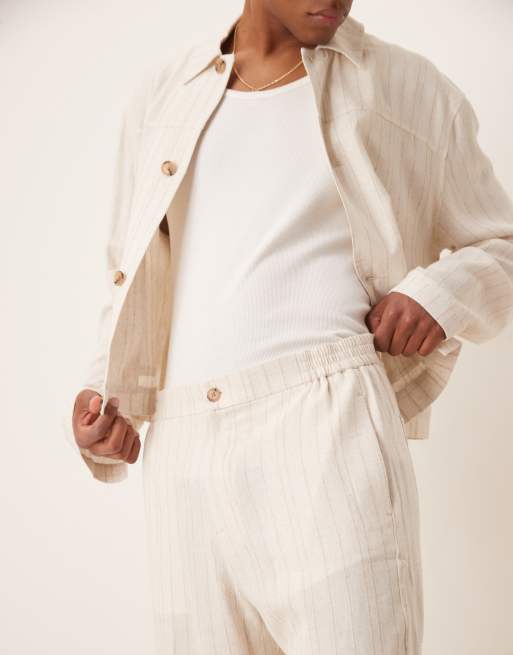 ASOS DESIGN smart co-ord linen mix straight leg trousers in stone pinstripe, 5 of 5