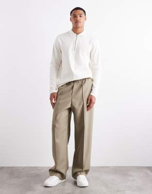 ASOS DESIGN smart co-ord pull on wide leg trousers in olive herringbone-Green