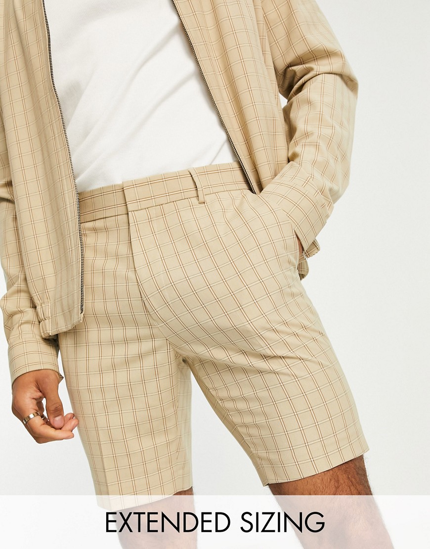 ASOS DESIGN smart co-ord smart skinny shorts with draw cord waist in stone grid check-Neutral