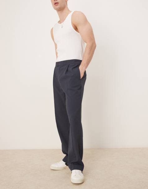 ASOS DESIGN smart co-ord straight leg trousers in navy seersucker texture