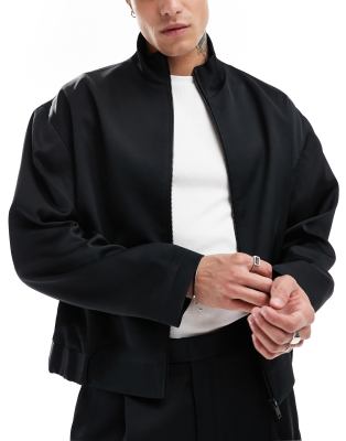 Asos Design Smart Co-Ord Track Jacket In Black Satin