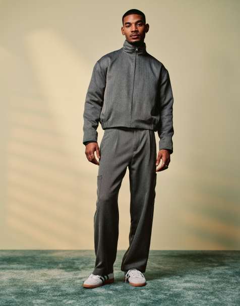 ASOS DESIGN smart co-ord wide cargo trousers in grey herringbone with elasticated waist - view 1