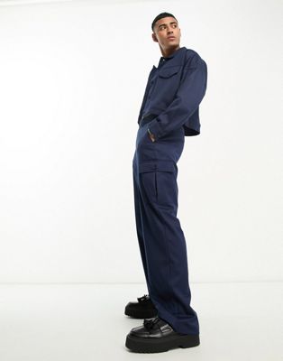 ASOS DESIGN smart co-ord wide leg cargo trouser in navy twill