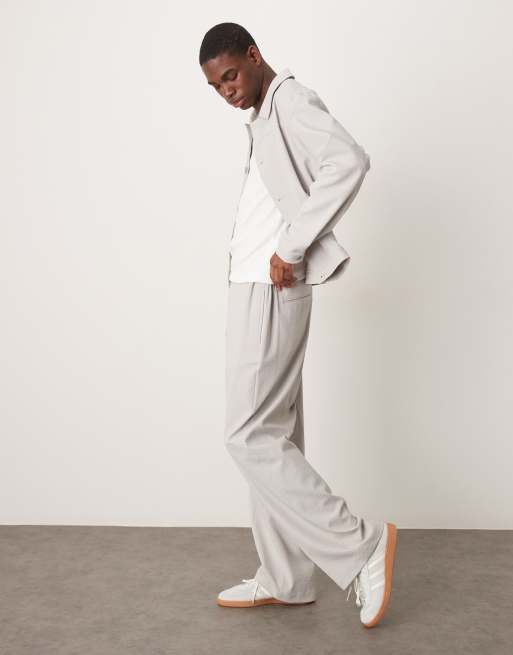 ASOS DESIGN smart co-ord wide leg trousers in light grey seersucker with elasticated waist, 2 of 5