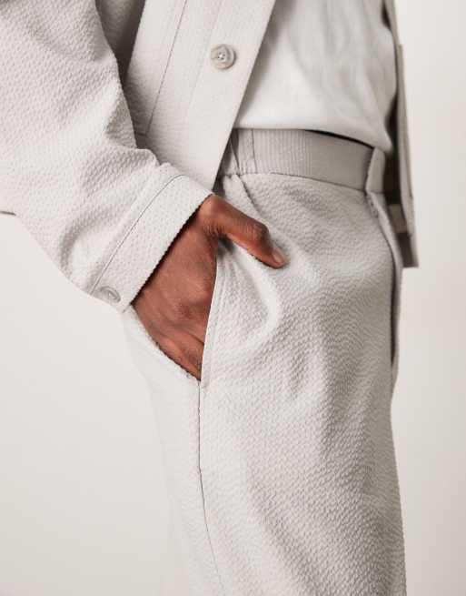 ASOS DESIGN smart co-ord wide leg trousers in light grey seersucker with elasticated waist, 3 of 5