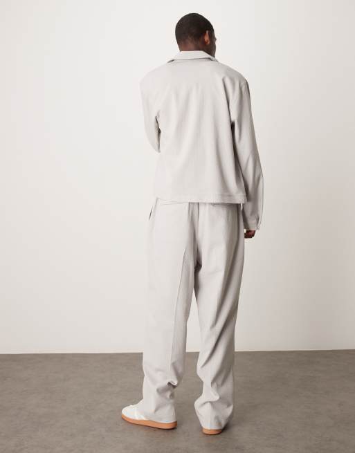ASOS DESIGN smart co-ord wide leg trousers in light grey seersucker with elasticated waist, 4 of 5