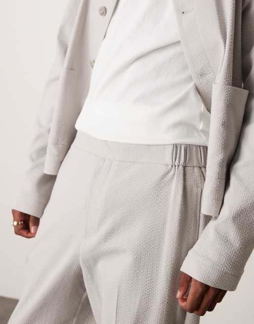 ASOS DESIGN smart co-ord wide leg trousers in light grey seersucker with elasticated waist, 5 of 5