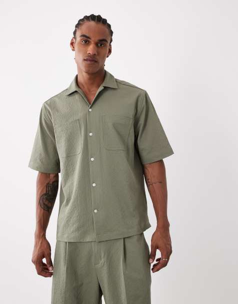 ASOS DESIGN smart co-ords relaxed shirt in khaki seersucker - view 1