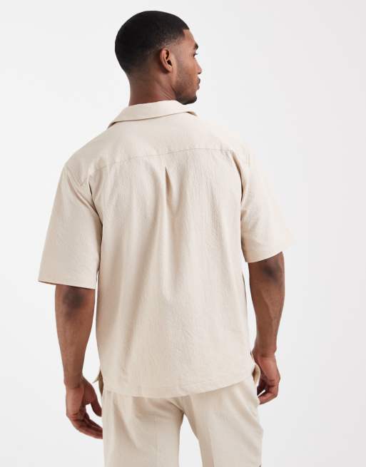 ASOS DESIGN smart co-ords relaxed shirt in stone seersucker, 5 of 5