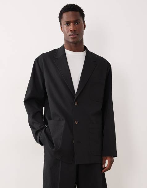 ASOS DESIGN smart co-ords slouchy boxy jacket in black seersucker - view 1
