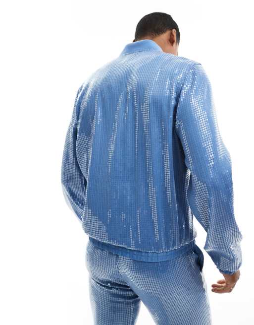 ASOS DESIGN smart co rd 80s sequin bomber jacket in blue ASOS