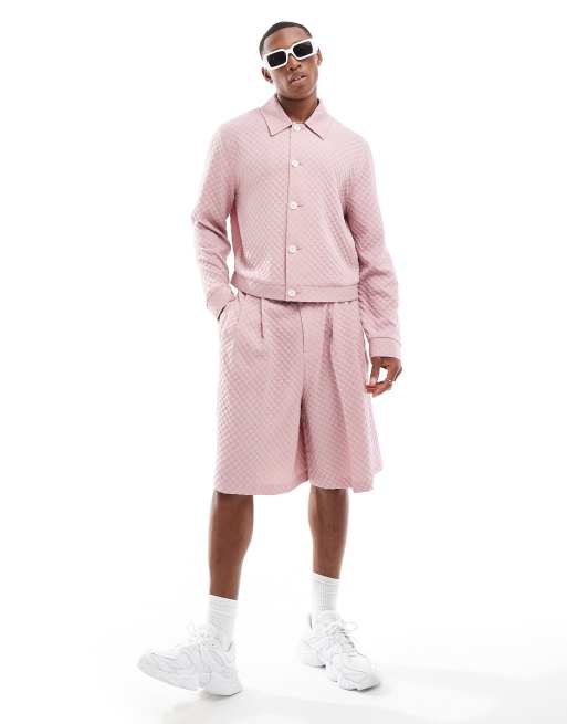 ASOS DESIGN smart co-rd slim trucker jacket in pink checkerboard, 3 of 4