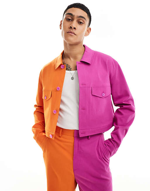 ASOS DESIGN smart color block trucker jacket in orange and ASOS DESIGN smart color block trucker jacket in orange and