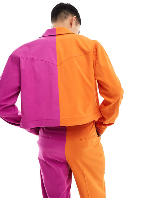 ASOS DESIGN smart color block trucker jacket in orange and ASOS DESIGN smart color block trucker jacket in orange and