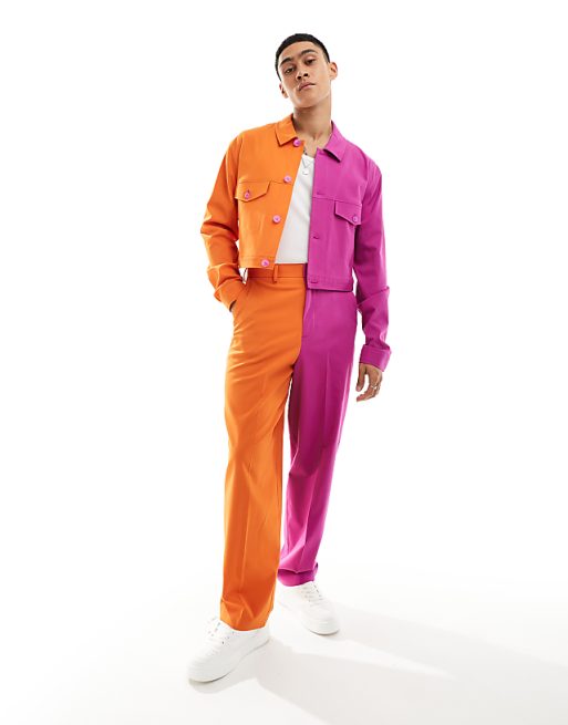 ASOS DESIGN smart color block trucker jacket in orange and ASOS DESIGN smart color block trucker jacket in orange and