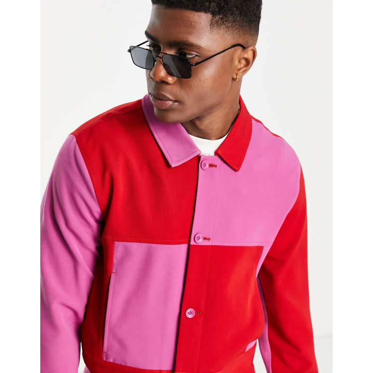 ASOS DESIGN smart color block trucker jacket in pink and red