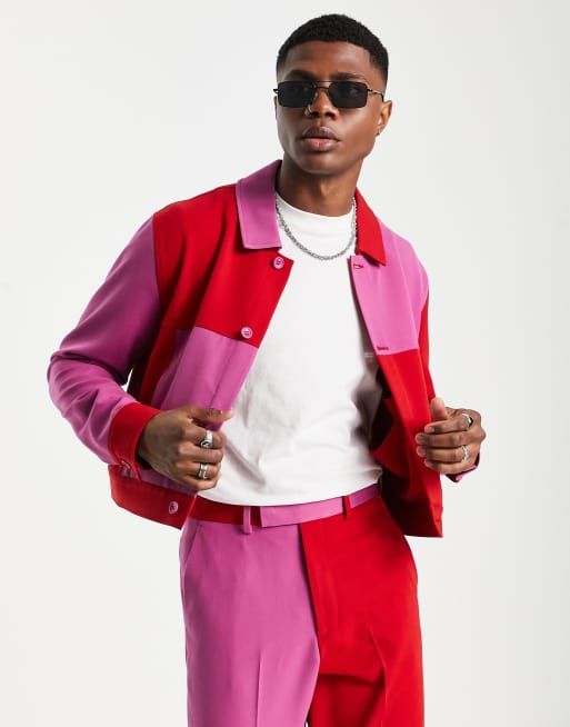 ASOS LUXE color block suit set in red & pink