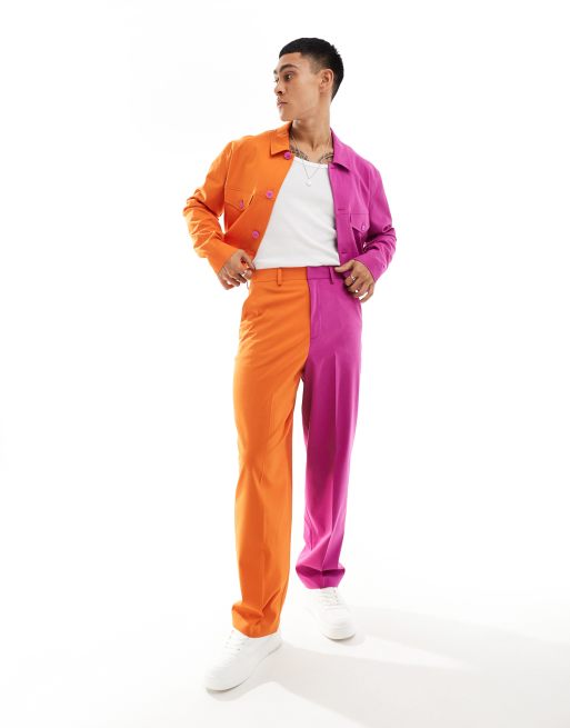 ASOS DESIGN smart colour block barrel leg pants in orange and pink (part of a set)