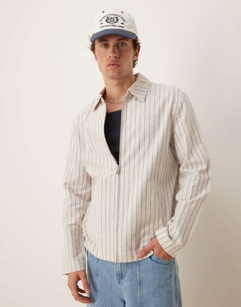ASOS DESIGN smart cotton blend harrington jacket in white pinstripe - view 1