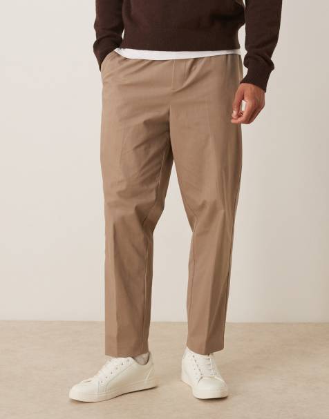 ASOS DESIGN smart cotton rich pull on relaxed tapered trousers in dark stone