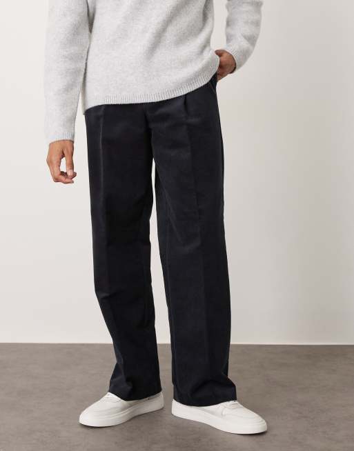ASOS DESIGN smart cotton rich wide leg corduroy pants with front pleat in navy