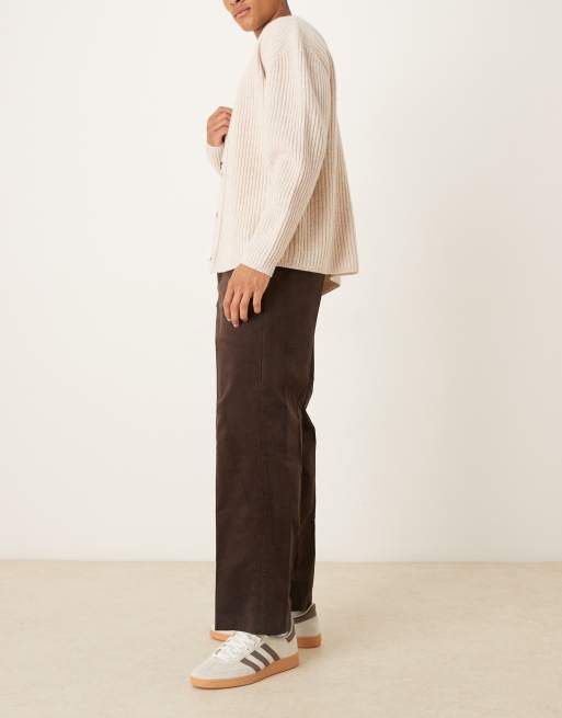 ASOS DESIGN smart cotton rich wide leg corduroy trousers in brown with side adjusters, 3 of 5