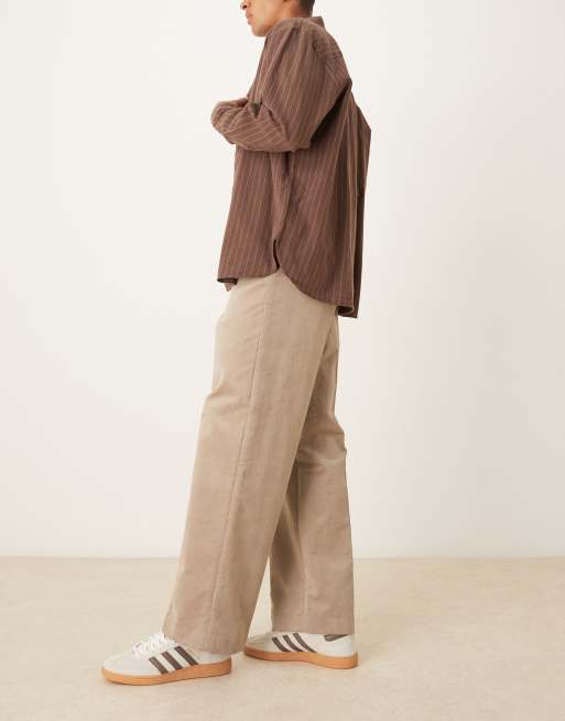 ASOS DESIGN smart cotton rich wide leg corduroy trousers in stone with side adjusters, 3 of 5