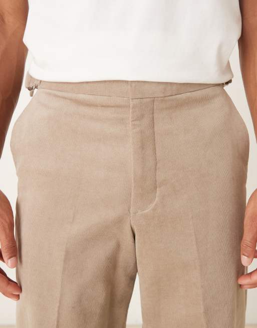 ASOS DESIGN smart cotton rich wide leg corduroy trousers in stone with side adjusters, 4 of 5