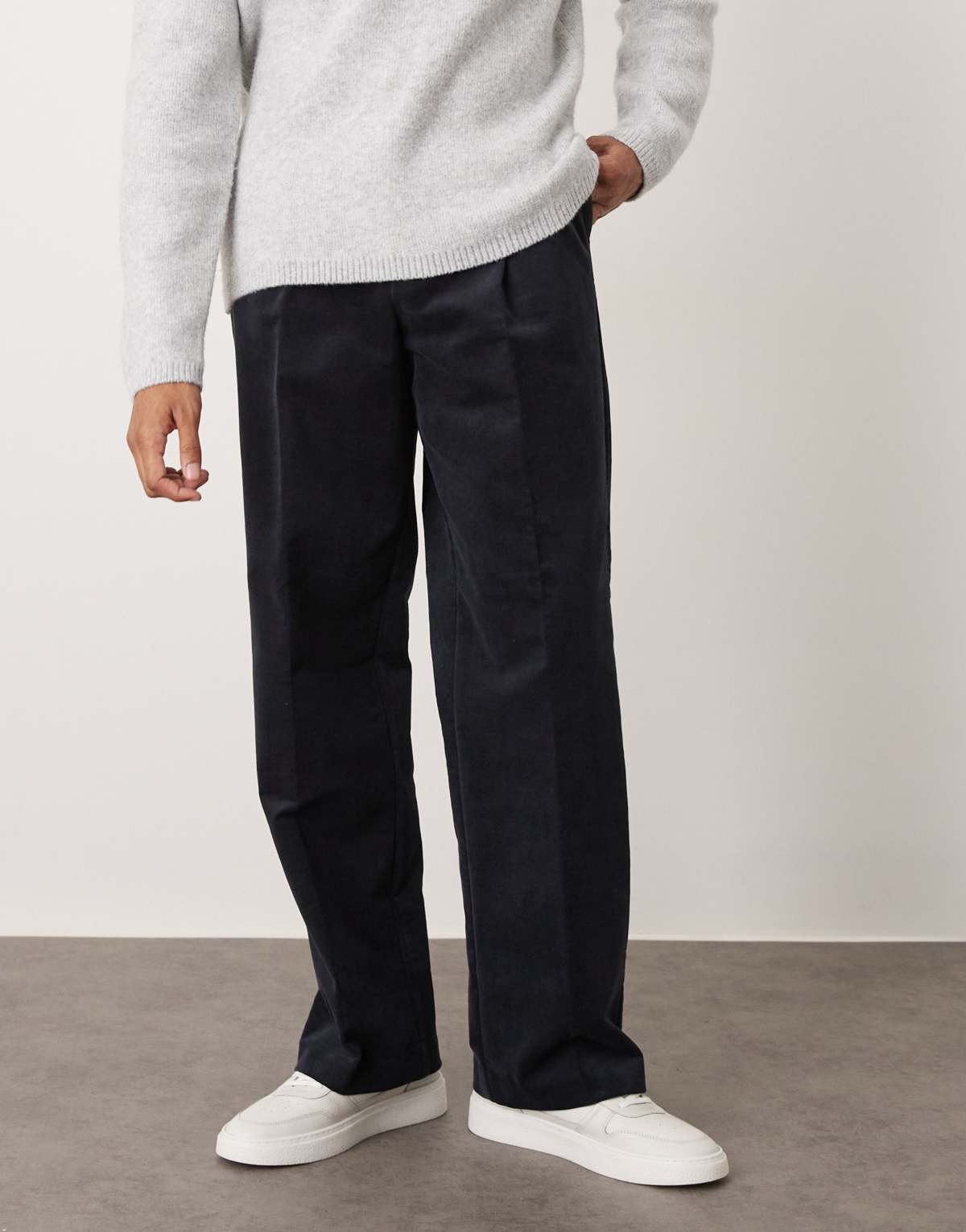ASOS DESIGN smart cotton rich wide leg corduroy trousers with front pleat in navy